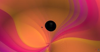 Visualisierung des Zusammenpralls zweier Schwarzer Löcher, die einander umkreisen, verschmelzen und dabei Gravitationswellen aussenden. Das größere Schwarze Loch ist 9,2-mal so massereich wie das kleinere. Beide Objekte drehen sich nicht um sich selbst. Visualisierung des Zusammenpralls zweier Schwarzer Löcher, die einander umkreisen, verschmelzen und dabei Gravitationswellen aussenden. Das größere Schwarze Loch ist 9,2-mal so massereich wie das kleinere. Beide Objekte drehen sich nicht um sich selbst.