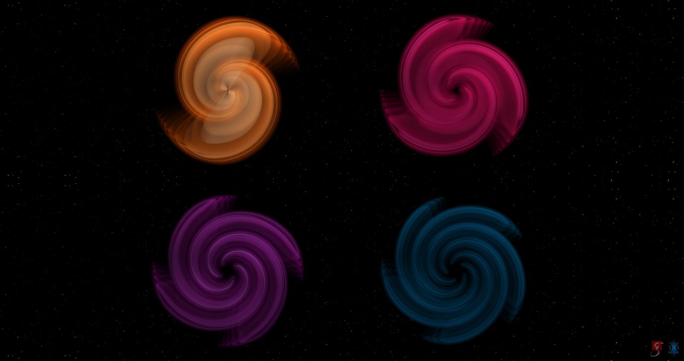 Jedes dieser vier Bilder zeigt eine andere Mode (oder: einen anderen Oberton) des Gravitationswellensignals in einer anderen Farbe. Von links nach rechts und von oben nach unten zeigen die Bilder die quadrupolare (orange), oktupolare (magenta), hexadekupolare (violett) und 32-polare (blau) Mode.