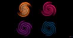 Jedes dieser vier Bilder zeigt eine andere Mode (oder: einen anderen Oberton) des Gravitationswellensignals in einer anderen Farbe. Von links nach rechts und von oben nach unten zeigen die Bilder die quadrupolare (orange), oktupolare (magenta), hexadekupolare (violett) und 32-polare (blau) Mode.