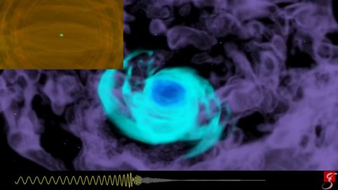 <span>Simulation des ersten kosmischen Ereignisses, das sowohl anhand von Gravitationswellen als auch von Licht beobachtet wurde.</span>