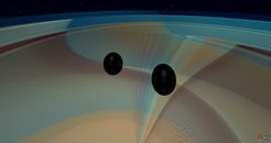 Numerische Simulation von zwei Schwarzen Löchern, die sich umrunden, aufeinanderzufallen und verschmelzen und dabei Gravitationswellen abstrahlen. Die Schwarzen Löcher haben große und nahezu gleiche Massen, wobei eines nur 3% massereicher ist als das andere. Das simulierte Gravitationswellensignal stimmt mit der Beobachtung überein, die von den Gravitationswellendetektoren LIGO und Virgo am 21. Mai 2019 gemacht wurde (GW190521).