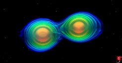 Numerisch-relativistische Simulation zweier einander umkreisender und verschmelzender Neutronensterne. Höhere Dichten sind orange dargestellt, geringere Dichten sind blue dargestellt.