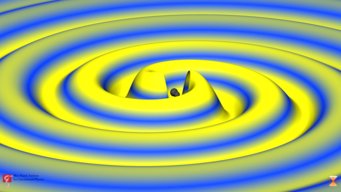 Bild aus einer numerischen Simulation des Gravitationswellen-Ereignisses GW170104, das durch die Verschmelzung zweier schwarzer Löcher erzeugt wurde. Die Stärke der Gravitationswelle wird sowohl durch die Höhe als auch die Farbe angezeigt, wobei blau schwache Felder und das gelb starke Felder anzeigt. Die Schwarzen Löcher wurden um den Faktor 2 vergrößert, um die Sichtbarkeit zu verbessern. Bild aus einer numerischen Simulation des Gravitationswellen-Ereignisses GW170104, das durch die Verschmelzung zweier schwarzer Löcher erzeugt wurde. Die Stärke der Gravitationswelle wird sowohl durch die Höhe als auch die Farbe angezeigt, wobei blau schwache Felder und das gelb starke Felder anzeigt. Die Schwarzen Löcher wurden um den Faktor 2 vergrößert, um die Sichtbarkeit zu verbessern.