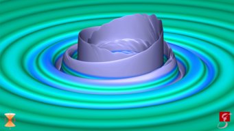 Die Abbildung zeigt die Verschmelzung von zwei einander umkreisenden schwarzen Löchern, wie sie am 14. August 2017 von den Advanced LIGO- und Advanced Virgo-Observatorien gemessen wurde. Die Stärke der Gravitationswelle wird sowohl durch die Höhe als auch durch die Farbe dargestellt. Dabei steht Dunkelgrün für schwache Felder und helles Violett für starke Felder. Die Abbildung zeigt die Verschmelzung von zwei einander umkreisenden schwarzen Löchern, wie sie am 14. August 2017 von den Advanced LIGO- und Advanced Virgo-Observatorien gemessen wurde. Die Stärke der Gravitationswelle wird sowohl durch die Höhe als auch durch die Farbe dargestellt. Dabei steht Dunkelgrün für schwache Felder und helles Violett für starke Felder.