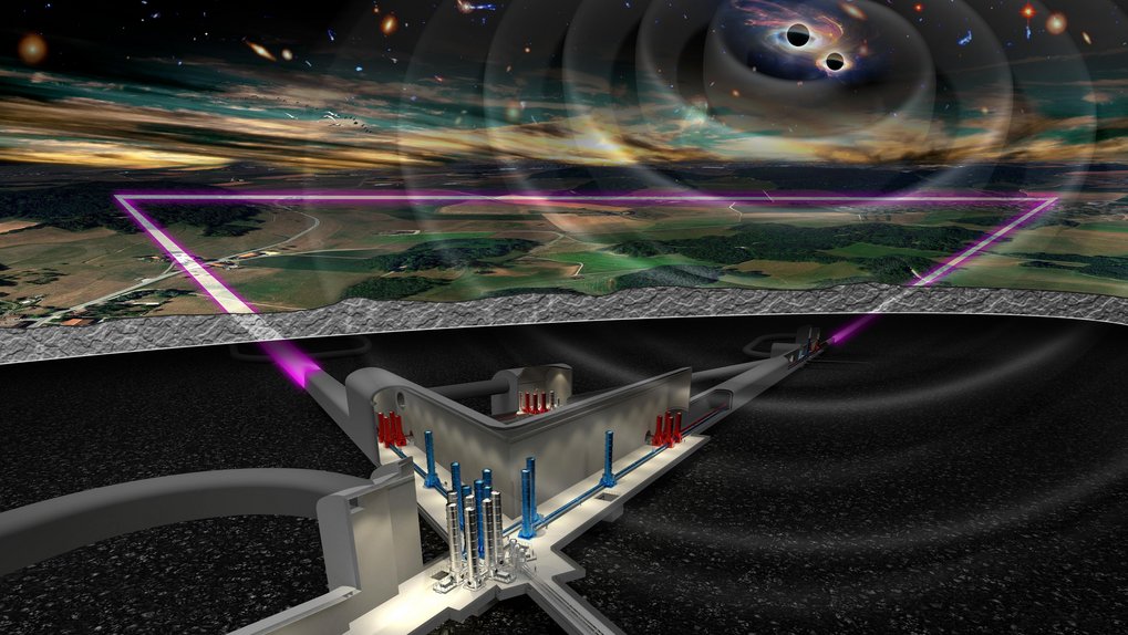 An artist's rendering of an underground gravitational-wave detector equipped with laser interferometers, set against a landscape beneath a sky filled with galaxies and black holes.