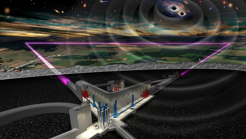 Artist's impression of the underground Einstein Telescope. An artist's rendering of an underground gravitational-wave detector equipped with laser interferometers, set against a landscape beneath a sky filled with galaxies and black holes.