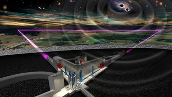 Artist's impression of the underground Einstein Telescope. An artist's rendering of an underground gravitational-wave detector equipped with laser interferometers, set against a landscape beneath a sky filled with galaxies and black holes.
