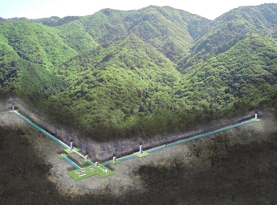 Künstlerische Darstellung des Gravitationswellen-Detektors KAGRA im Inneren des Bergs Ikenoyama in Kamioka, Japan.