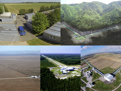 Pictures of the instruments of the current global gravitational-wave detector network. From top to bottom and from left to right: GEO600, KAGRA, LIGO Hanford, LIGO Livingston, Virgo.