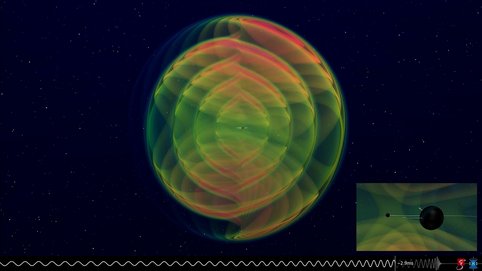 Der weiße Pfeil zeigt die Ausrichtung des Spins des Schwarzen Lochs, deren Änderung im Verlauf der Verschmelzung sichtbar ist. Neu entwickelte Modelle können diese Spin-Präzession genauer verfolgen, so dass sich aus den während O4 beobachteten Signalen mehr Informationen ableiten lassen.