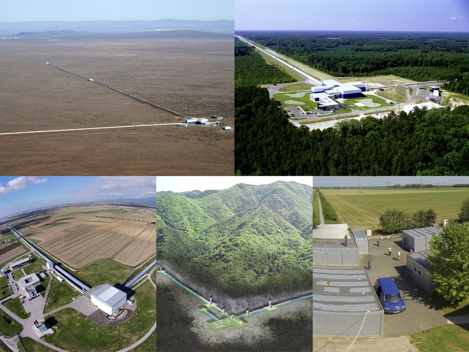 Pictures of the instruments of the current global gravitational-wave detector network. From top to bottom and from left to right: LIGO Hanford, LIGO Livingston, Virgo, KAGRA, GEO600.