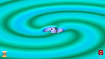 Signal from space: Two black holes with 31 and 25 solar masses merge, thereby emitting gravitational waves. The colours characterize the strength of the field. Illustration of gravitational waves in space with two black dots in the center.
