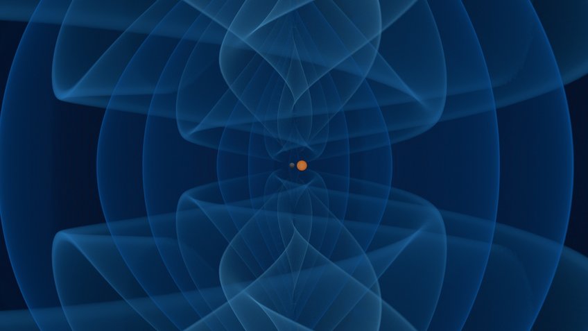 Inspiral of a lower mass-gap black hole (dark gray surface) and a neutron star (orange sphere). The emitted gravitational waves are shown in colors from dark blue to cyan. Inspiral of a lower mass-gap black hole (dark gray surface) and a neutron star (orange sphere). The emitted gravitational waves are shown in colors from dark blue to cyan.