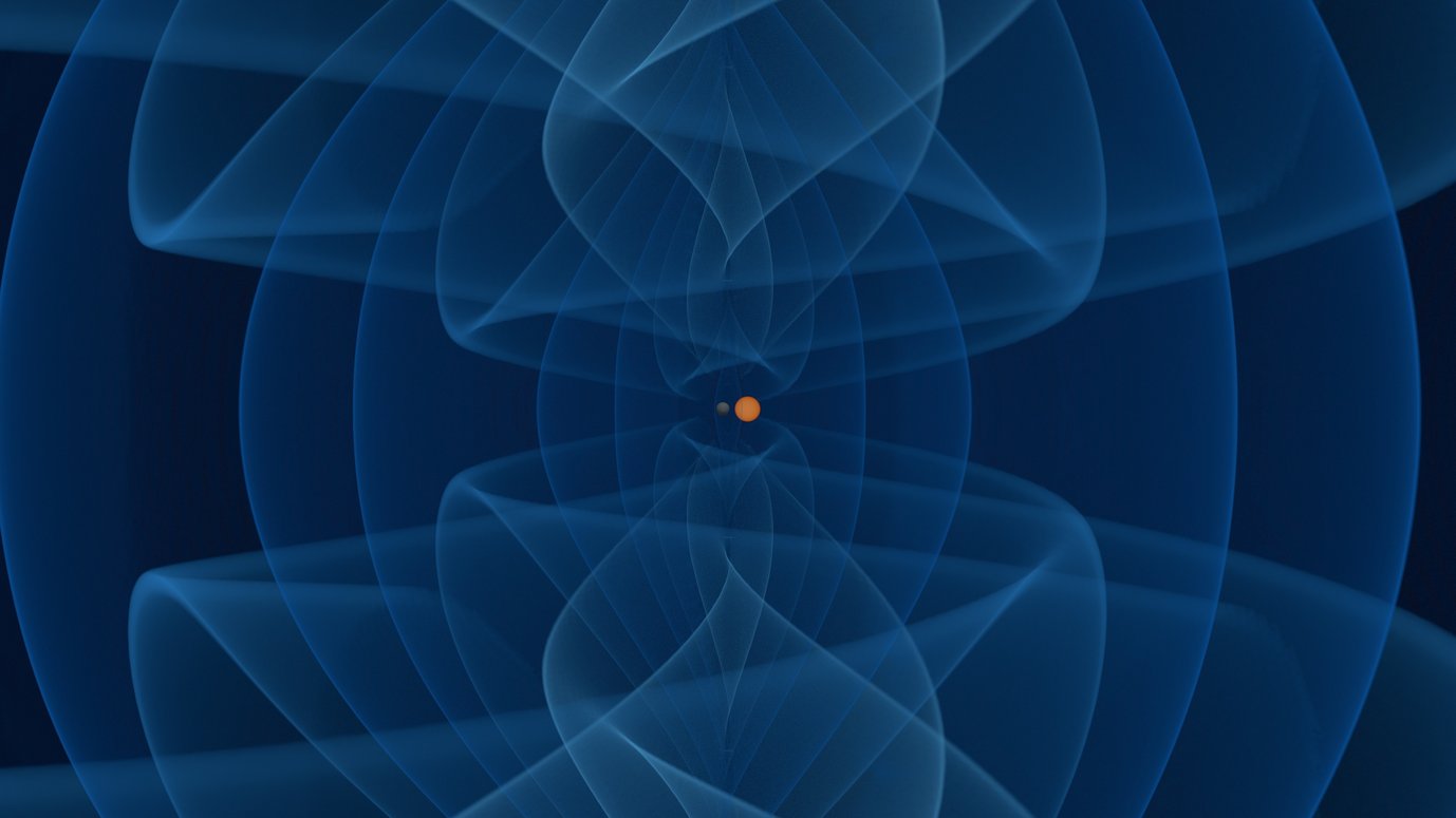 Inspiral of a lower mass-gap black hole (dark gray surface) and a neutron star (orange sphere). The emitted gravitational waves are shown in colors from dark blue to cyan.