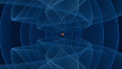 Ein Schwarzes Loch im Bereich der unteren Massenlücke (dunkelgraue Oberfläche) und ein Neutronenstern (orange Kugel) umkreisen einander auf immer enger werdenden Bahnen. Die dabei abgestrahlten Gravitationswellen sind mit Farben von dunkelblau bis cyan dargestellt.