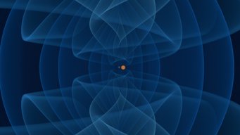 Inspiral of a lower mass-gap black hole (dark gray surface) and a neutron star (orange sphere). The emitted gravitational waves are shown in colors from dark blue to cyan. Inspiral of a lower mass-gap black hole (dark gray surface) and a neutron star (orange sphere). The emitted gravitational waves are shown in colors from dark blue to cyan.