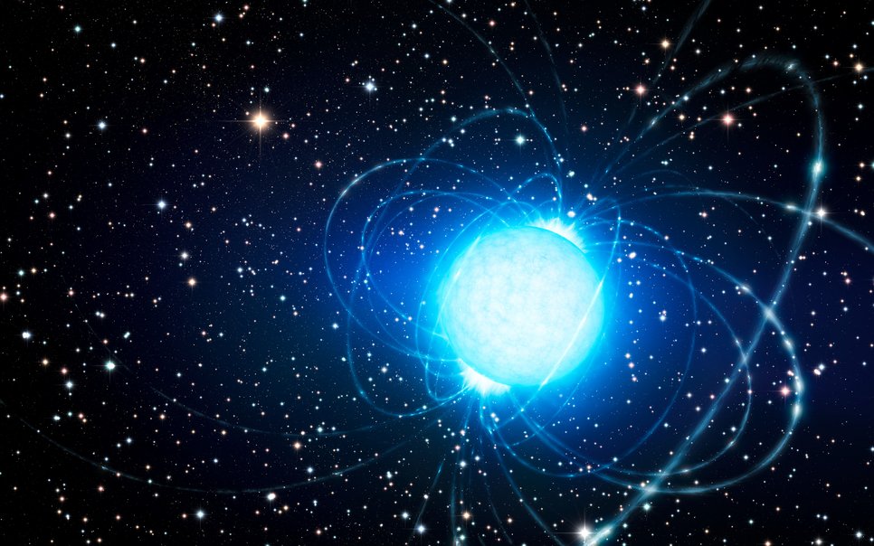 Artist's impression of a magnetar, a neutron star with an extremely strong magnetic field, which is depicted here by its field lines.