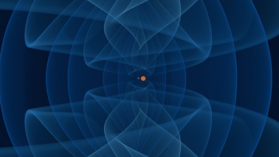 Das internationale Netzwerk der Gravitationswellen-Detektoren hat mehr als 90 Signale von Verschmelzungen schwarzer Löcher und/oder Neutronensterne beobachtet, wie beispielsweise GW230529, bei dem sich ein Schwarzes Loch im Bereich der unteren Massenlücke (dunkelgraue Oberfläche) und ein Neutronenstern (orange Kugel) einander auf immer enger werdenden Bahnen umkreisten. Die dabei abgestrahlten Gravitationswellen sind mit Farben von dunkelblau bis cyan dargestellt.