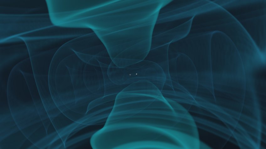 Merger of two massive black holes, consistent with the gravitational wave observation named GW231123. Shown is a snapshot with the black holes at the centre of the frame, surrounded by the gravitational waves they have emitted in their previous orbits. Abstract teal and dark blue swirling wave-like shapes.