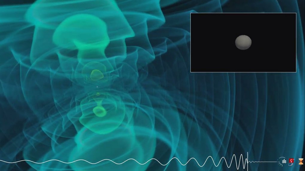 Visualisierung der Verschmelzung zweier massereicher Schwarzer Löcher, die die Gravitationswellenbeobachtung GW231123 veranschaulicht. Die beiden Schwarzen Löcher, die miteinander verschmelzen, sind etwa 132- bzw. 106-mal so massereich wie unsere Sonne. Damit sind sie die massereichsten, die bisher von den LIGO-Virgo-KAGRA-Detektoren beobachtet wurden.