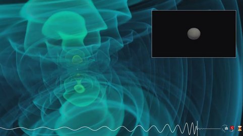 Visualization showing the merger of two massive black holes, illustrating the gravitational wave observation named GW231123. The merging black holes are about 132 and 106 times as massive as our Sun, the most massive ones observed by the LIGO/Virgo/KAGRA detectors so far.