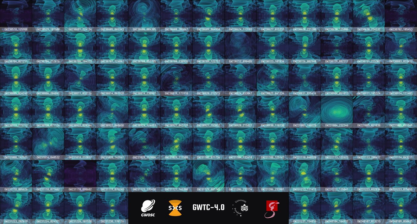Simulated gravitational wave events in a grid, colored in shades of blue and green, with logos at the bottom.
