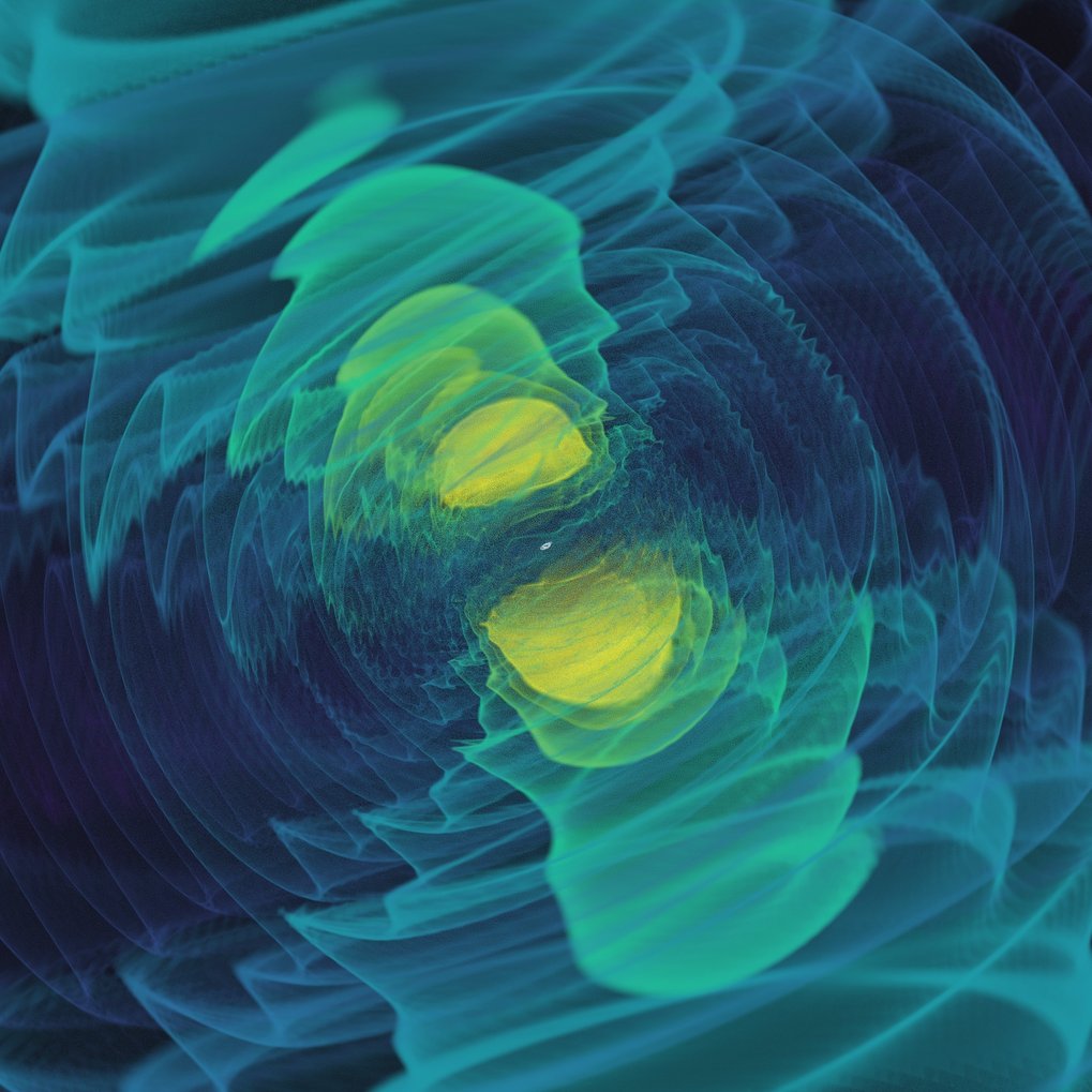 Visualization of the gravitational waves from a binary black hole merger in tones of yellow, green, and blue.