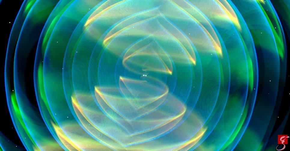 Visualization of gravitational waves emitted by the merger of two neutron stars. Green, yellow, and blue transparent spherical waves around two white points.