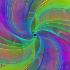 Rainbow colored visualization of the gravitational waves from a simulation of two merging black holes.