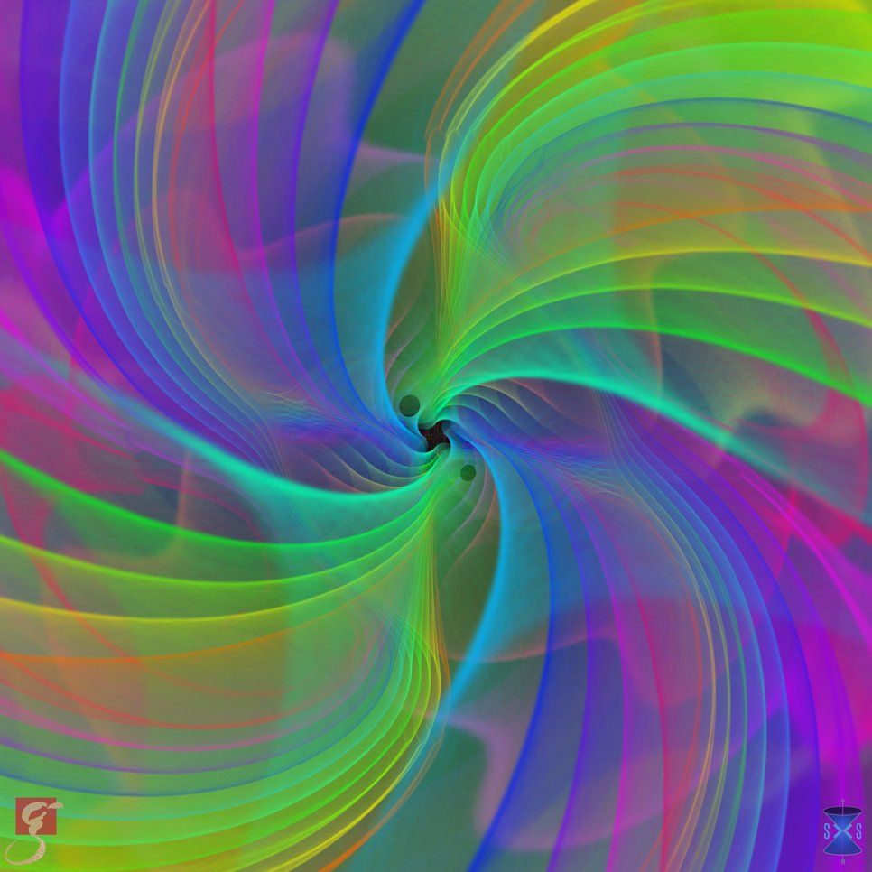Rainbow colored visualization of the gravitational waves from a simulation of two merging black holes.
