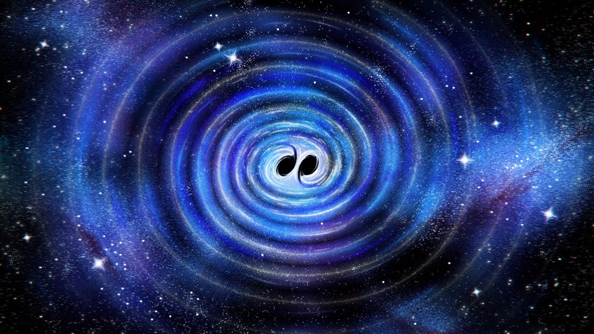 Artist’s impression of a newly-formed black hole ringing down after a binary black hole merger while emitting gravitational waves. Artist’s impression of a newly-formed black hole ringing down.