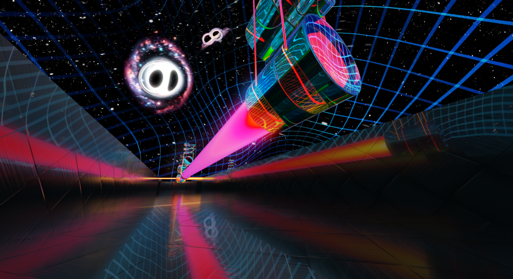 Artistic impression of a wide laser beam, reflected by a large glass mirror in the arm of a gravitational-wave detector. In the background are merging black holes in front of a starry sky and warped space-time.