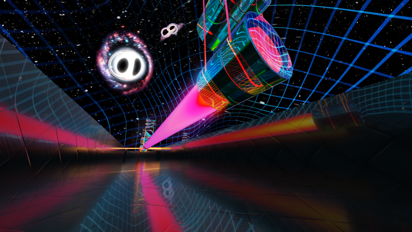 Artist Impression of astrophysical calibration. Artistic impression of a wide laser beam, reflected by a large glass mirror in the arm of a gravitational-wave detector. In the background are merging black holes in front of a starry sky and warped space-time.