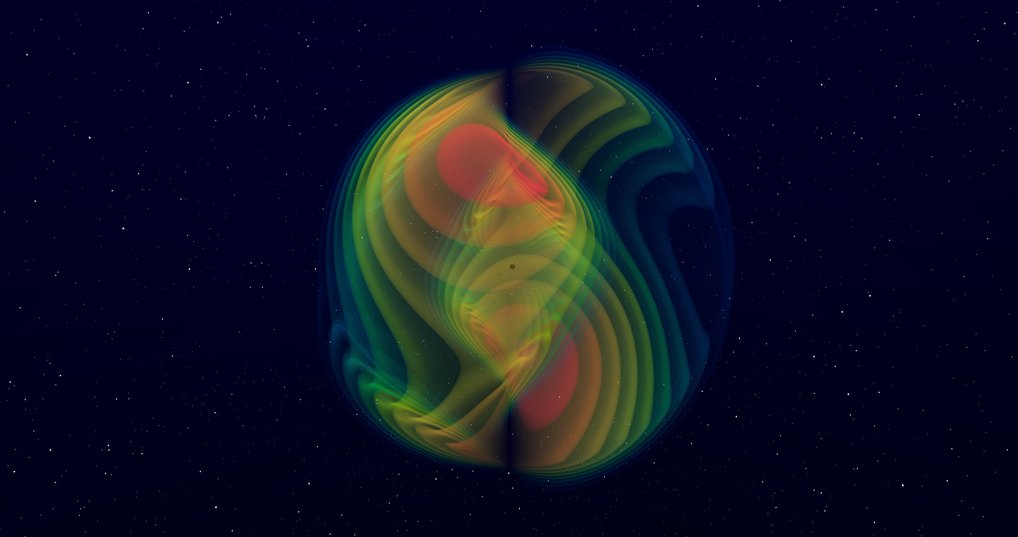 Colorful visualization of the gravitational waves emitted in a binary black hole merger.