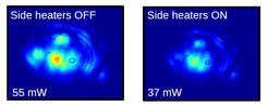Spatial power distribution (colour scale) at the dark port of the GEO600 interferometric gravitational-wave detector without (left) und with (right) the new compensation system. It heats the mirror to correct imperfections in, e.g., the mirror's radii of curvature.