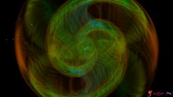 Numerical-relativity simulation of the binary neutron star coalescence and merger which resulted in the detected gravitational-wave event GW190425. The image shows the gravitational wave signal with colors ranging from red, yellow, green, blue with increasing strength, and the density of the neutron stars from light to dark blue ranging between 200 thousand to 600 million tons per cubic centimeter, respectively.
