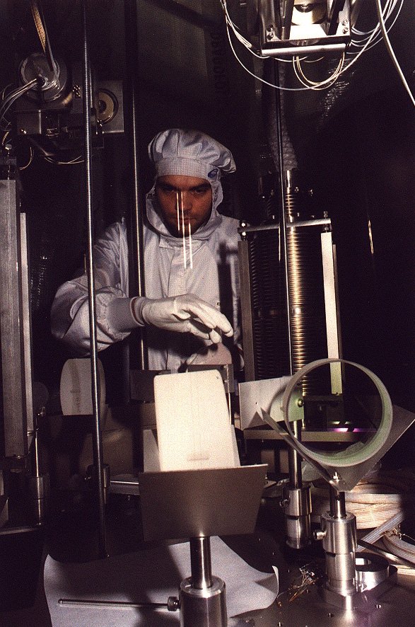 In front of Stefan's face one can see the thin (60 µ) suspension wires reflecting light.