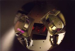 MMC1a and MMC1c seen through the viewport of the camera. The stainless steel plate at the bottom allows to view mirror BDIMC1.
