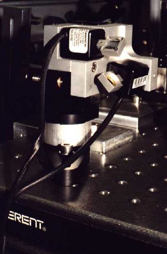 The galvo-scanner fixes the laser beam onto the camera. The galvo-scanner fixes the laser beam onto the camera.