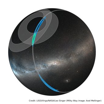 The rapid Hanford-Livingston localization of GW170817 is shown in in blue, and the final Hanford-Livingston-Virgo localization is in green. The gray rings are one-sigma triangulation constraints from the three detector pairs. The rapid Hanford-Livingston localization of GW170817 is shown in in blue, and the final Hanford-Livingston-Virgo localization is in green. The gray rings are one-sigma triangulation constraints from the three detector pairs.