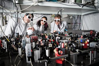 The physicists search with very sensitive detectors for gravitational waves. The physicists search with very sensitive detectors for gravitational waves.